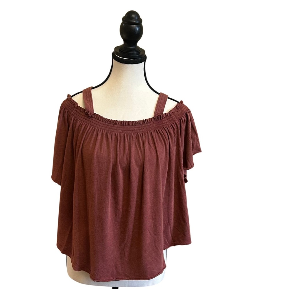 We The Free Womens XS Off Shoulder Top Blouse Rust Brown Ruffle Short Sleeve